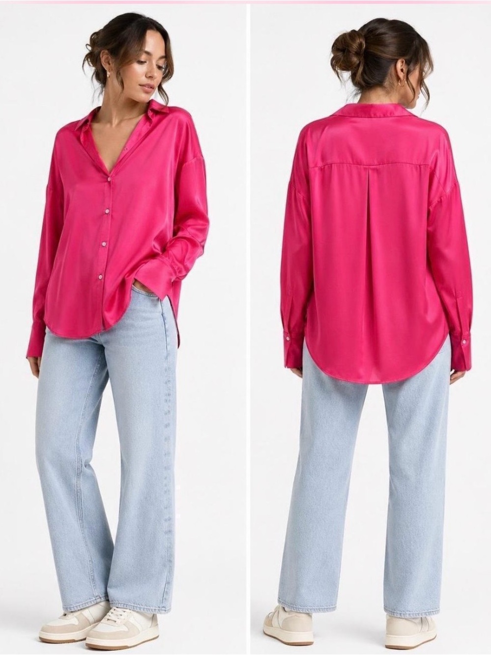 Zara Satin Button-Down Shirt in Hot Pink